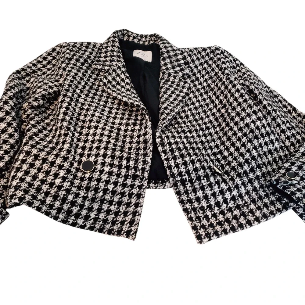 Vintage Blazer Suit Jacket Womens 12 Black White Houndstooth Cropped Tweed Paris - Picture 5 of 16
